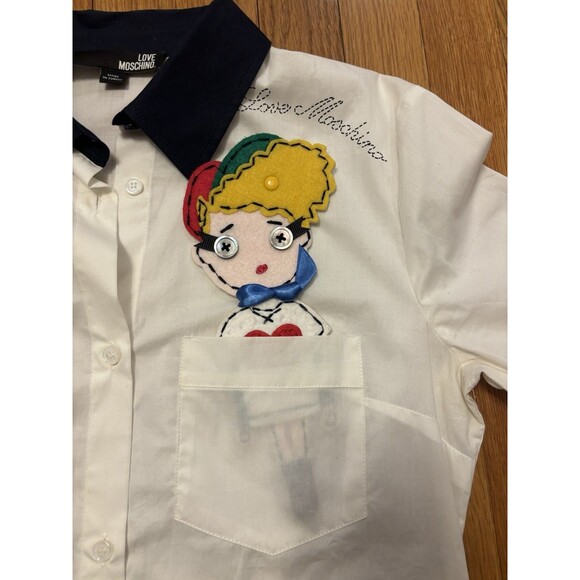 Love Moschino Cotton Button Up Shirt Blouse With Felt Girl Icon Insert Doll 6 - Picture 3 of 9